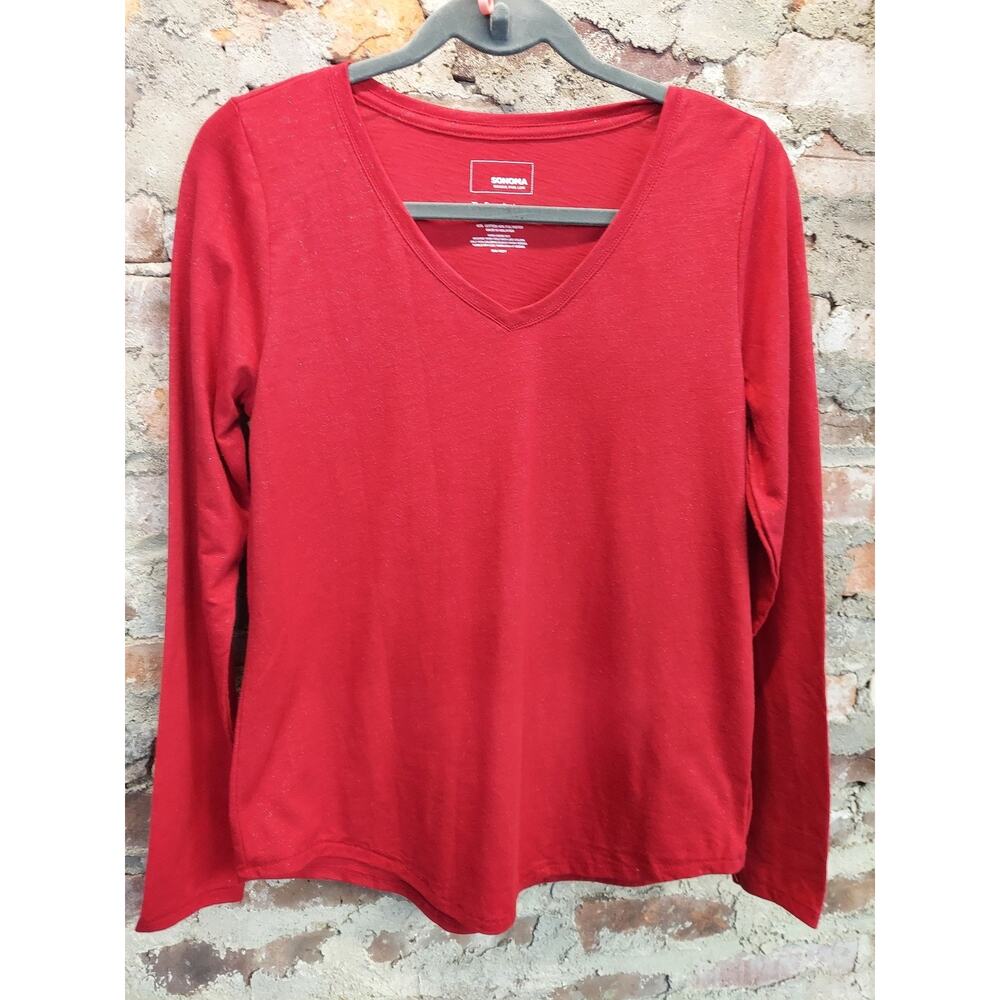 Sonoma Womens Long Sleeve V Neck Tee Shirt Small Red Cotton Blend